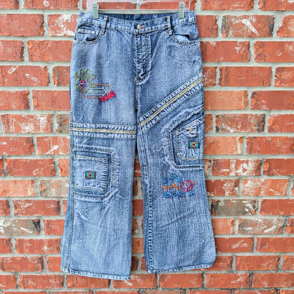 Chameleon Wide‎ Leg Jeans Mens 32x29 Blue Acid Wash Embroidered Cargo Y2K Skater